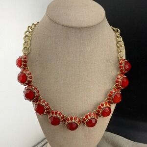 Estate Necklace Gold Tone Red Acrylic Faceted Statement 20in